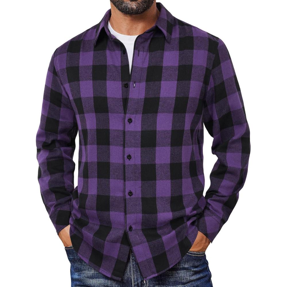 imageCOOFANDY Mens Flannel Shirts Long Sleeve Plaid Button Down Shirts Casual Cotton ShirtsPurple