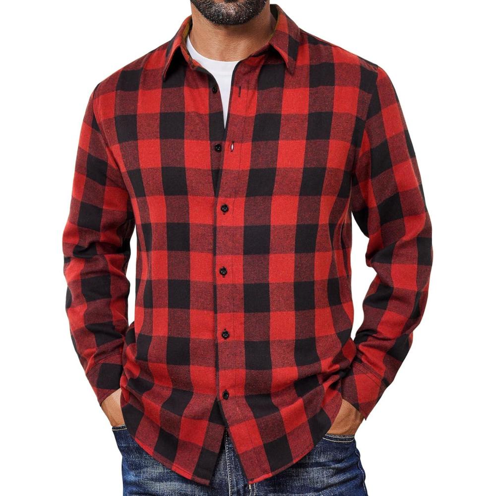 imageCOOFANDY Mens Flannel Shirts Long Sleeve Plaid Button Down Shirts Casual Cotton ShirtsRed Checkered