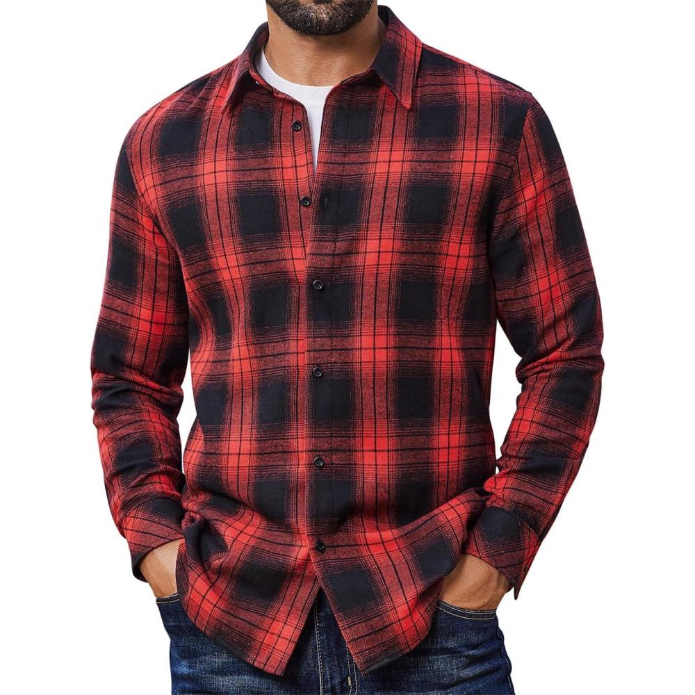 imageCOOFANDY Mens Flannel Shirts Long Sleeve Plaid Button Down Shirts Casual Cotton ShirtsRedBlack