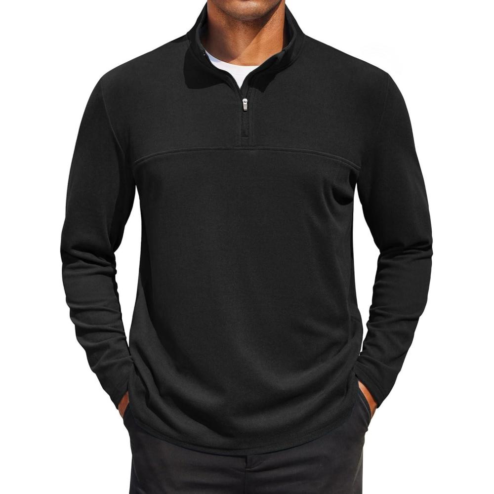 imageCOOFANDY Mens Fleece Quarter Zip Pullover Long Sleeve Mock Turtleneck Sweatshirts Thermal Workout Golf Polo ShirtBlack
