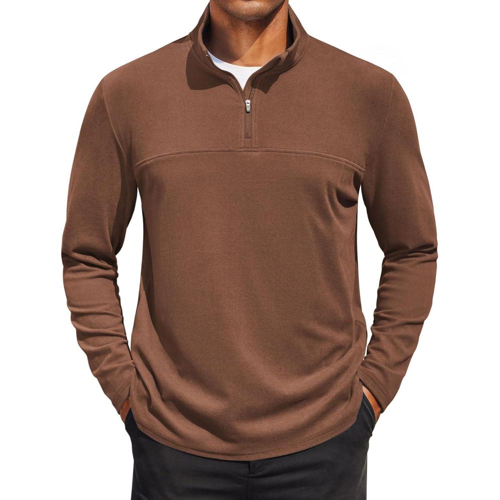 imageCOOFANDY Mens Fleece Quarter Zip Pullover Long Sleeve Mock Turtleneck Sweatshirts Thermal Workout Golf Polo ShirtBrown