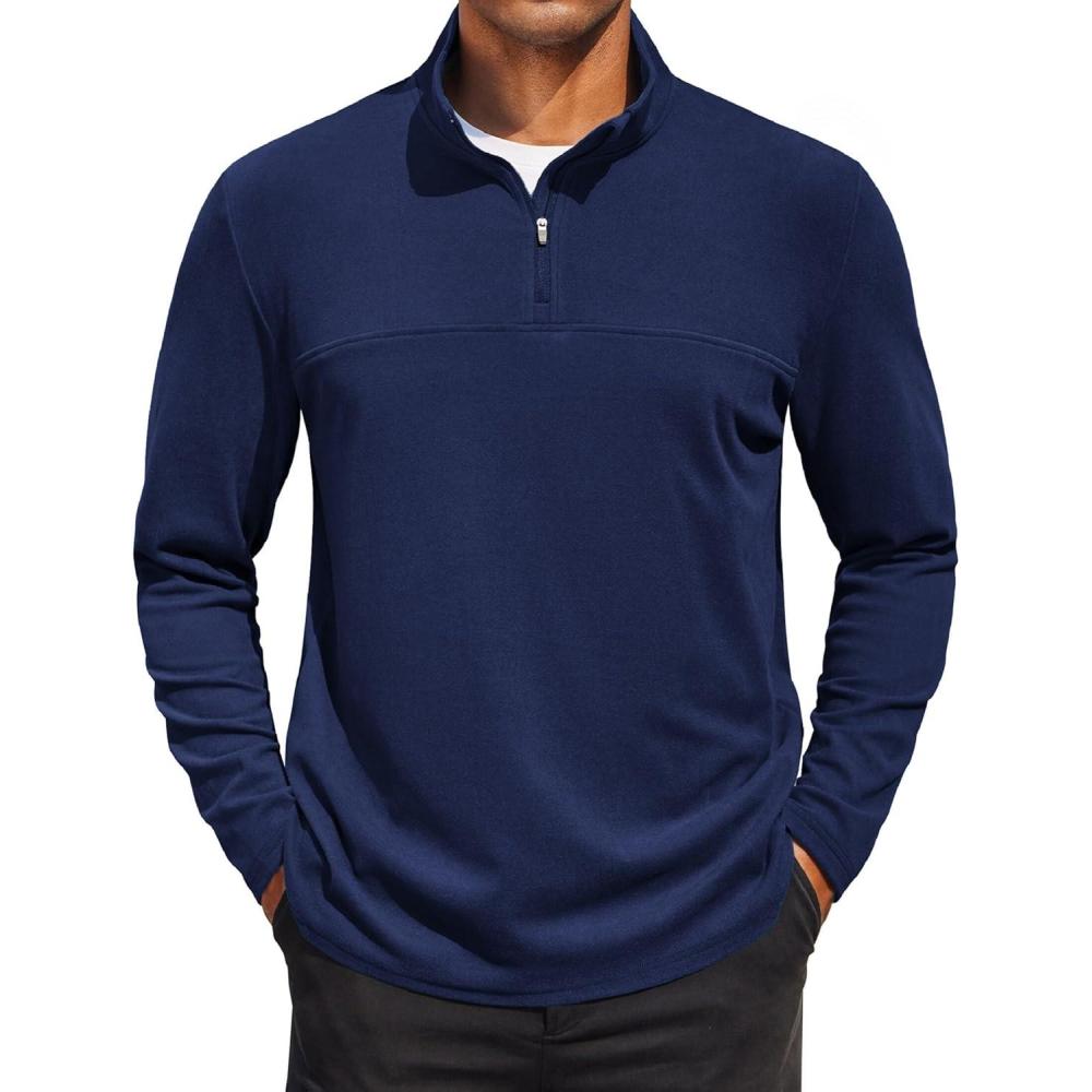 imageCOOFANDY Mens Fleece Quarter Zip Pullover Long Sleeve Mock Turtleneck Sweatshirts Thermal Workout Golf Polo ShirtNavy Blue