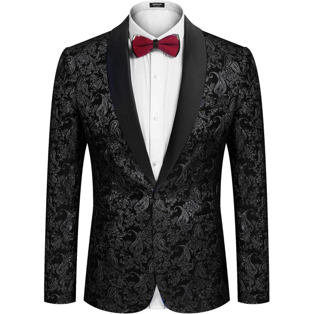 imageCOOFANDY Mens Floral Tuxedo Jacket Jacquard Suit Jacket Slim Fit Blazer for Wedding Prom DinnerBlack