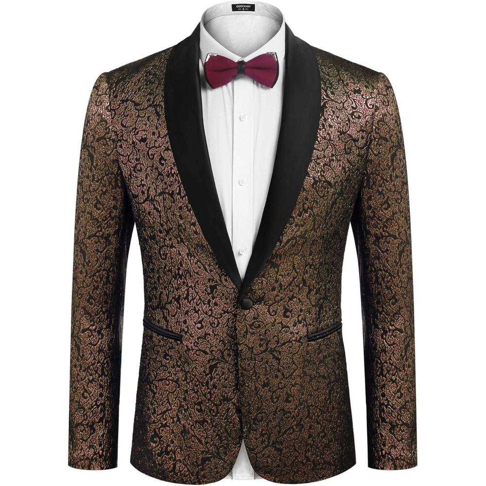imageCOOFANDY Mens Floral Tuxedo Jacket Jacquard Suit Jacket Slim Fit Blazer for Wedding Prom DinnerGolden