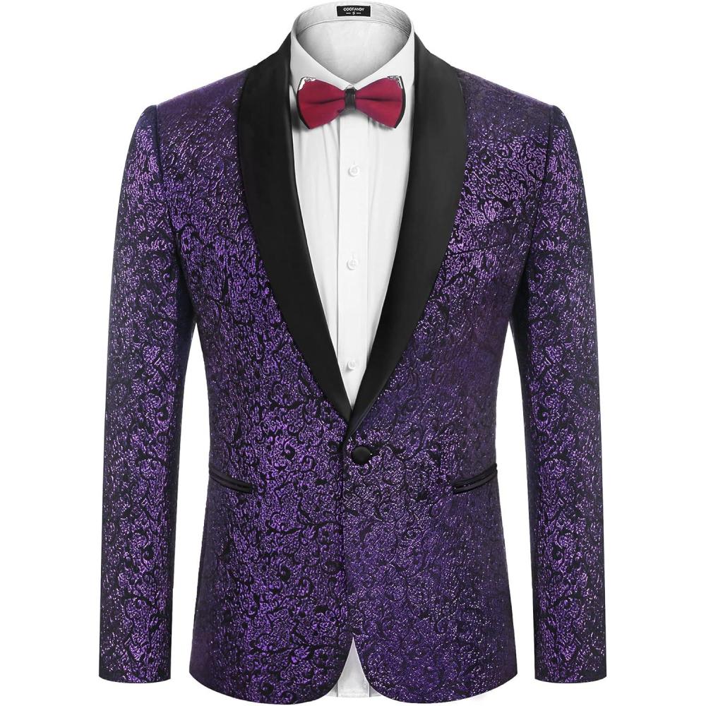 imageCOOFANDY Mens Floral Tuxedo Jacket Jacquard Suit Jacket Slim Fit Blazer for Wedding Prom DinnerPurple
