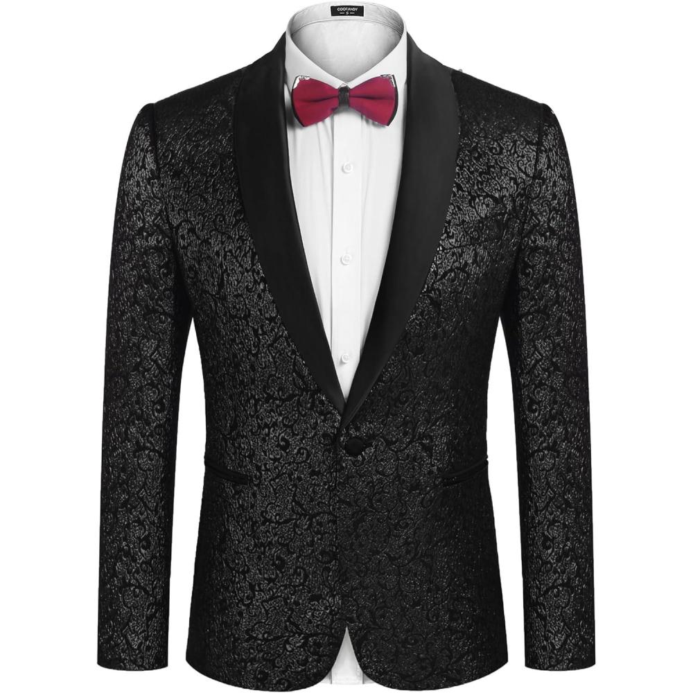imageCOOFANDY Mens Floral Tuxedo Jacket Jacquard Suit Jacket Slim Fit Blazer for Wedding Prom DinnerType02black