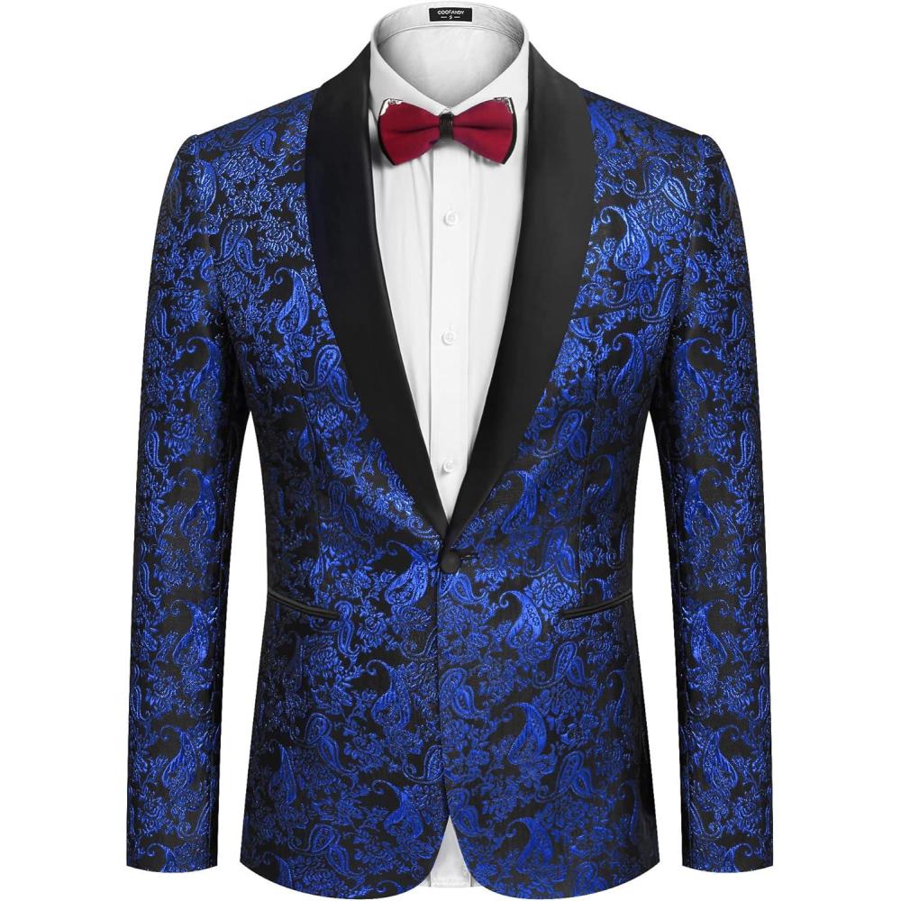 imageCOOFANDY Mens Floral Tuxedo Jacket Jacquard Suit Jacket Slim Fit Blazer for Wedding Prom DinnerType02blue