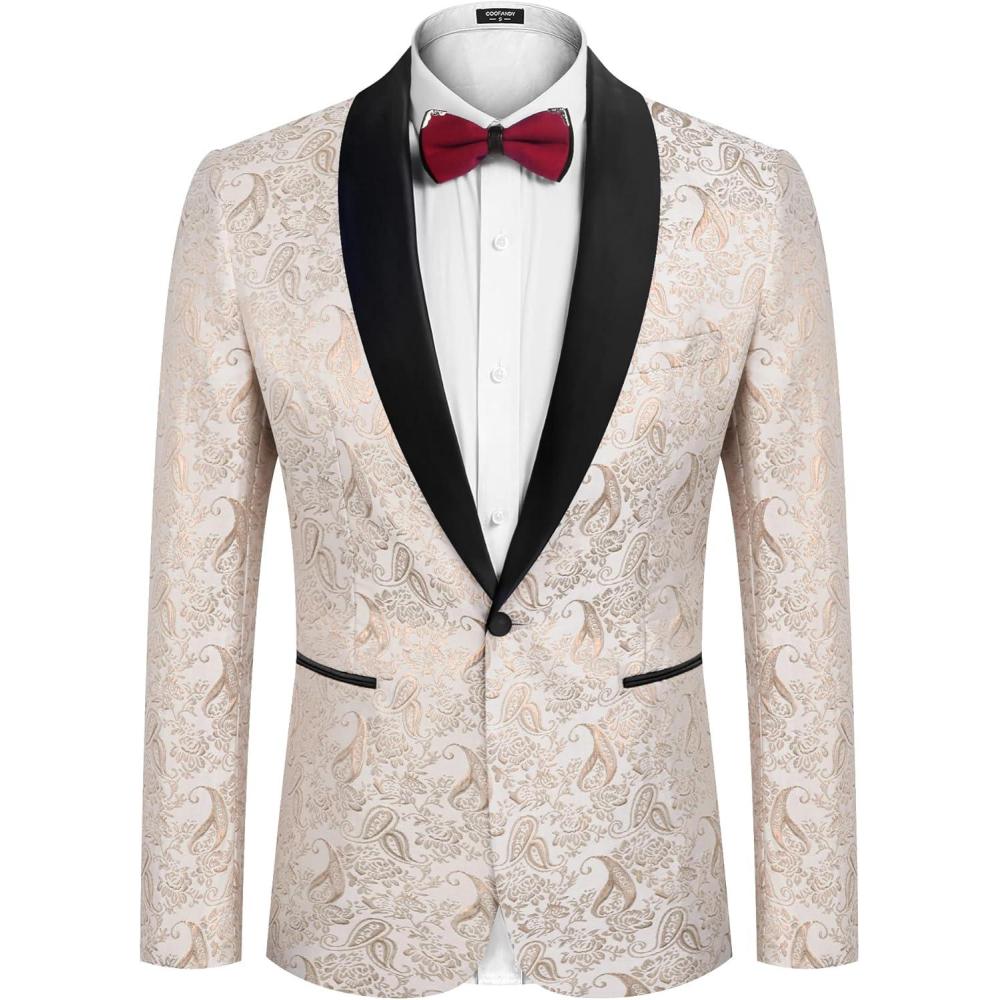 imageCOOFANDY Mens Floral Tuxedo Jacket Jacquard Suit Jacket Slim Fit Blazer for Wedding Prom DinnerType02champagne