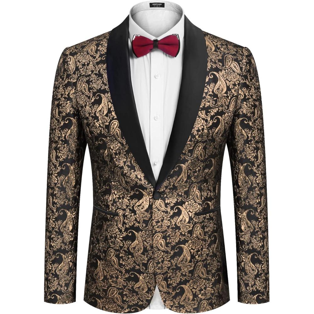 imageCOOFANDY Mens Floral Tuxedo Jacket Jacquard Suit Jacket Slim Fit Blazer for Wedding Prom DinnerType02gold