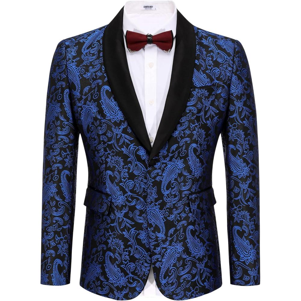 imageCOOFANDY Mens Floral Tuxedo Jacket Paisley Shawl Lapel Stylish Suit Blazer Jacket for Wedding Dinner Party PromBlackblue