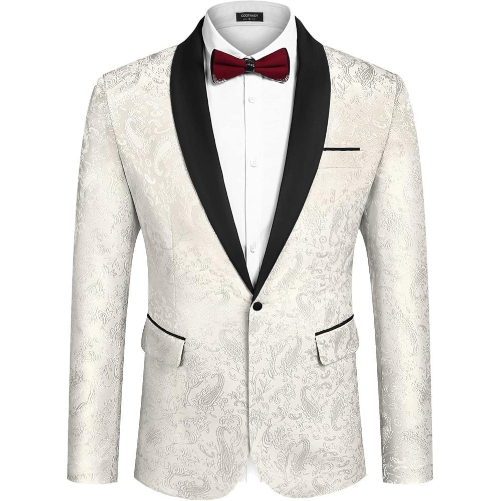 imageCOOFANDY Mens Floral Tuxedo Jacket Paisley Shawl Lapel Stylish Suit Blazer Jacket for Wedding Dinner Party PromWhite