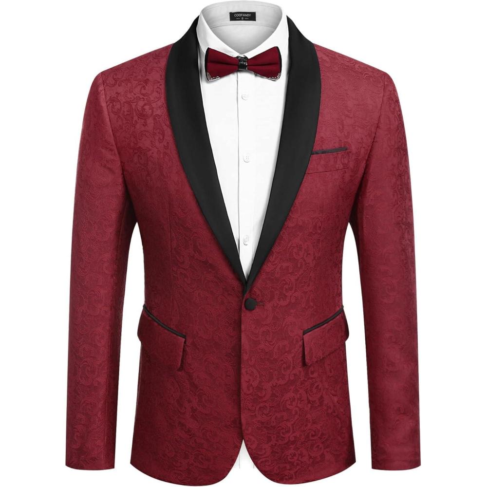 imageCOOFANDY Mens Floral Tuxedo Jacket Paisley Shawl Lapel Stylish Suit Blazer Jacket for Wedding Dinner Party PromWine Red