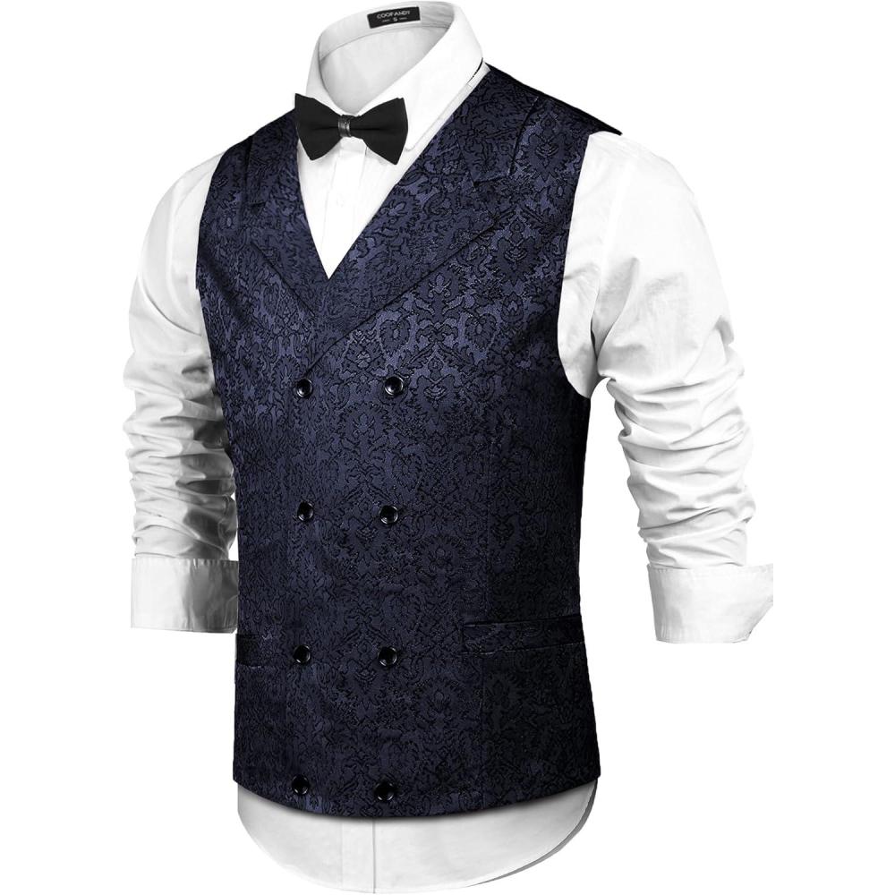 imageCOOFANDY Mens Halloween Victorian Vest Steampunk Double Breasted Suit Vest Slim Fit Brocade Paisley Floral WaistcoatNavy Blue