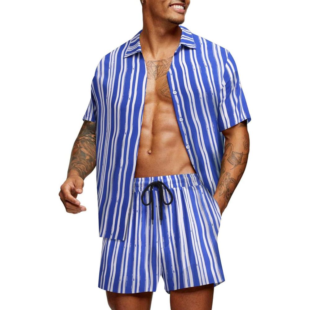 imageCOOFANDY Mens Hawaiian Matching Set Summer Beach 2 Piece Outfits Flower Button Down Shirts and Shorts Vacation OutfitsBlue  White Stripes