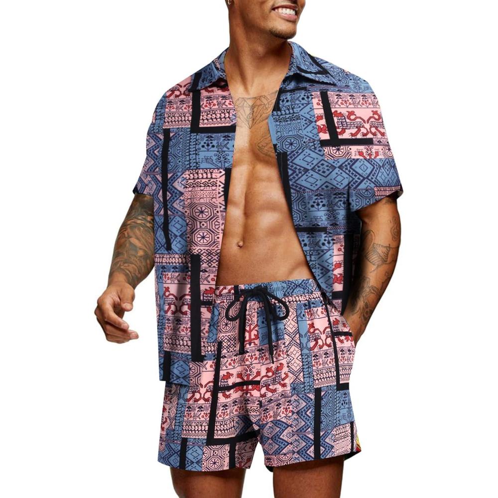 imageCOOFANDY Mens Hawaiian Matching Set Summer Beach 2 Piece Outfits Flower Button Down Shirts and Shorts Vacation OutfitsBlue Abstract Graphics