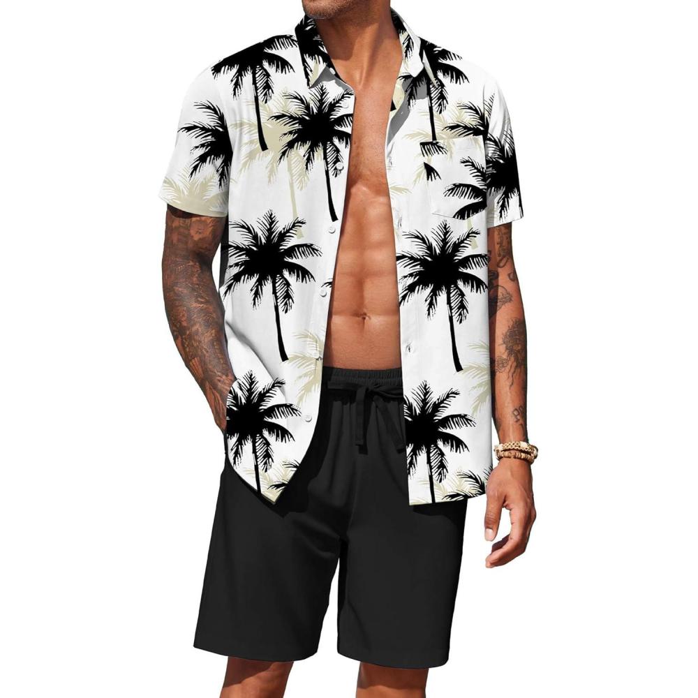 imageCOOFANDY Mens Hawaiian Matching Set Summer Beach 2 Piece Outfits Flower Button Down Shirts and Shorts Vacation OutfitsCoconut Tree White