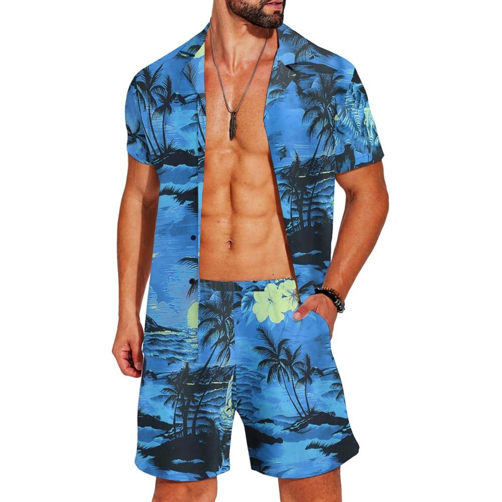 imageCOOFANDY Mens Hawaiian Matching Set Summer Beach 2 Piece Outfits Flower Button Down Shirts and Shorts Vacation OutfitsCoconut Trees