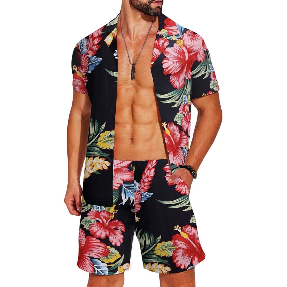 imageCOOFANDY Mens Hawaiian Matching Set Summer Beach 2 Piece Outfits Flower Button Down Shirts and Shorts Vacation OutfitsDream Garden