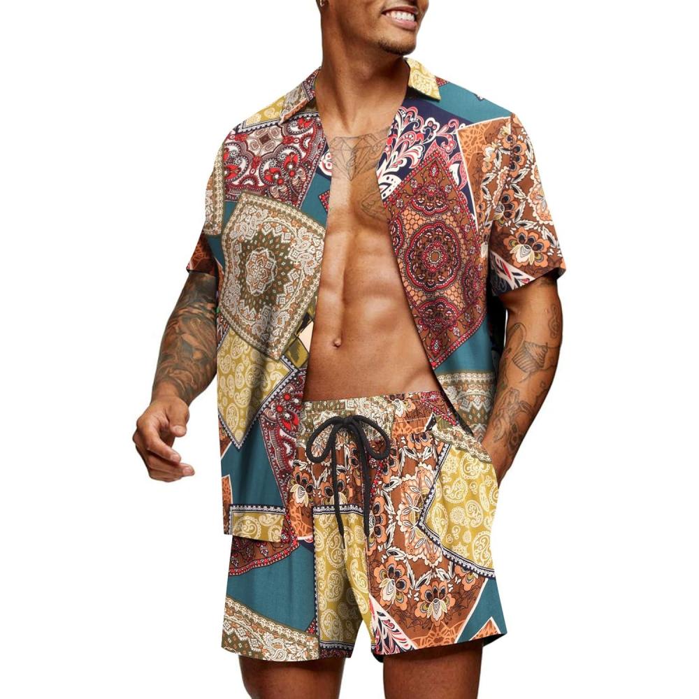 imageCOOFANDY Mens Hawaiian Matching Set Summer Beach 2 Piece Outfits Flower Button Down Shirts and Shorts Vacation OutfitsKhaki Paisley