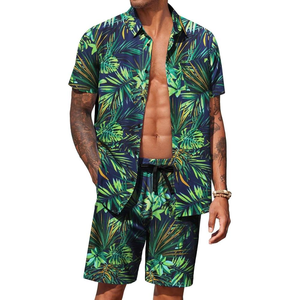 imageCOOFANDY Mens Hawaiian Matching Set Summer Beach 2 Piece Outfits Flower Button Down Shirts and Shorts Vacation OutfitsLeaf Green Black