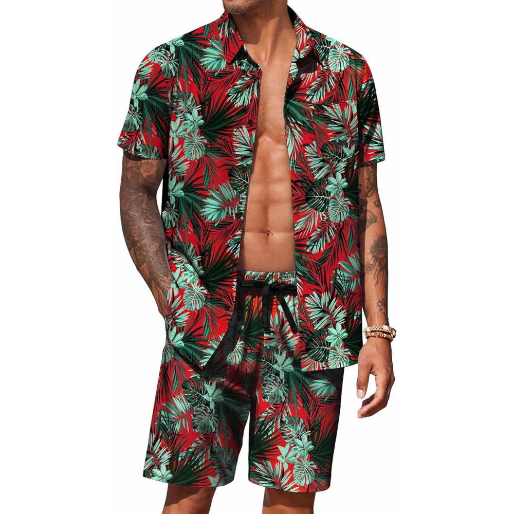 imageCOOFANDY Mens Hawaiian Matching Set Summer Beach 2 Piece Outfits Flower Button Down Shirts and Shorts Vacation OutfitsLeaf Green Red