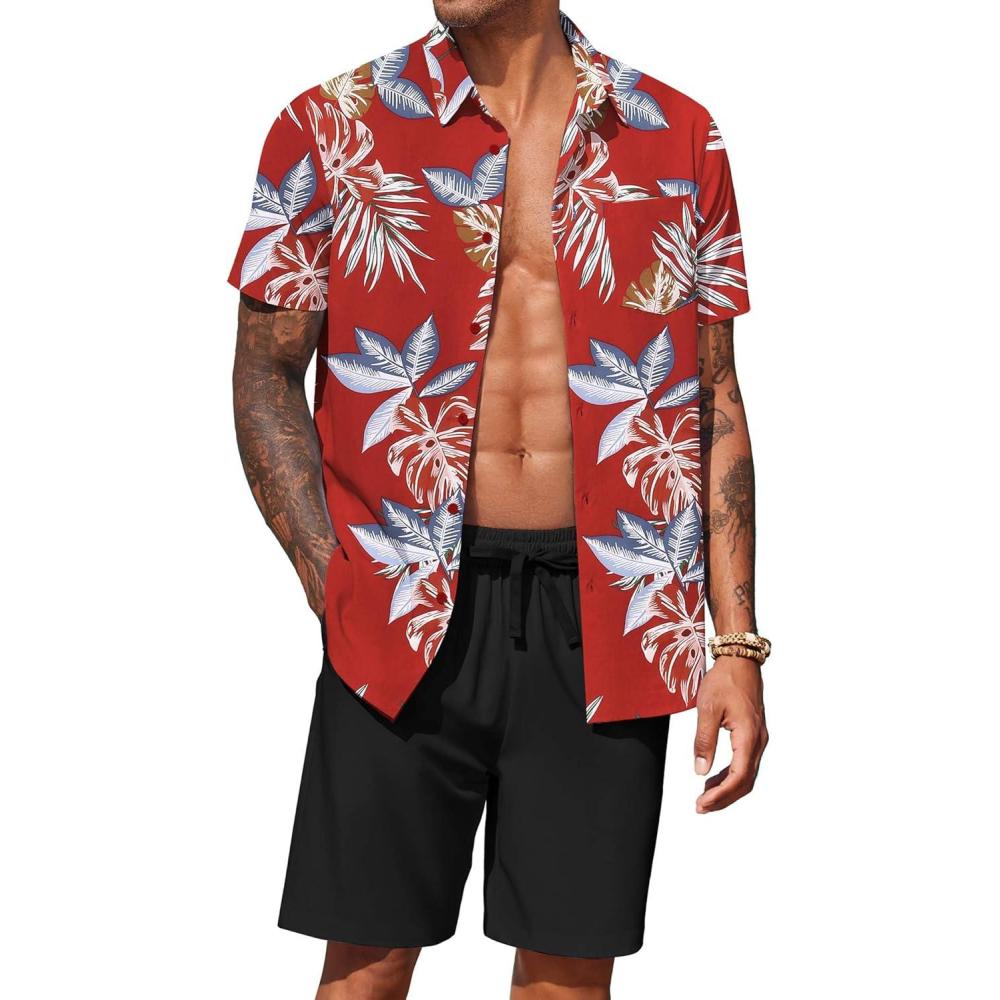 imageCOOFANDY Mens Hawaiian Matching Set Summer Beach 2 Piece Outfits Flower Button Down Shirts and Shorts Vacation OutfitsLeaf Red