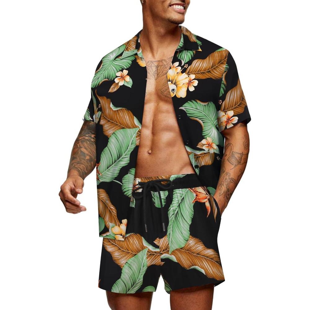 imageCOOFANDY Mens Hawaiian Matching Set Summer Beach 2 Piece Outfits Flower Button Down Shirts and Shorts Vacation OutfitsLeaves Black Green