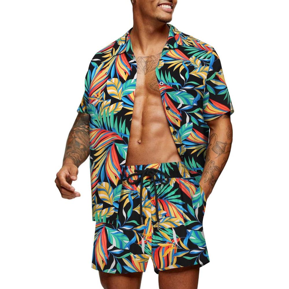 imageCOOFANDY Mens Hawaiian Matching Set Summer Beach 2 Piece Outfits Flower Button Down Shirts and Shorts Vacation OutfitsLeaves Multicolor