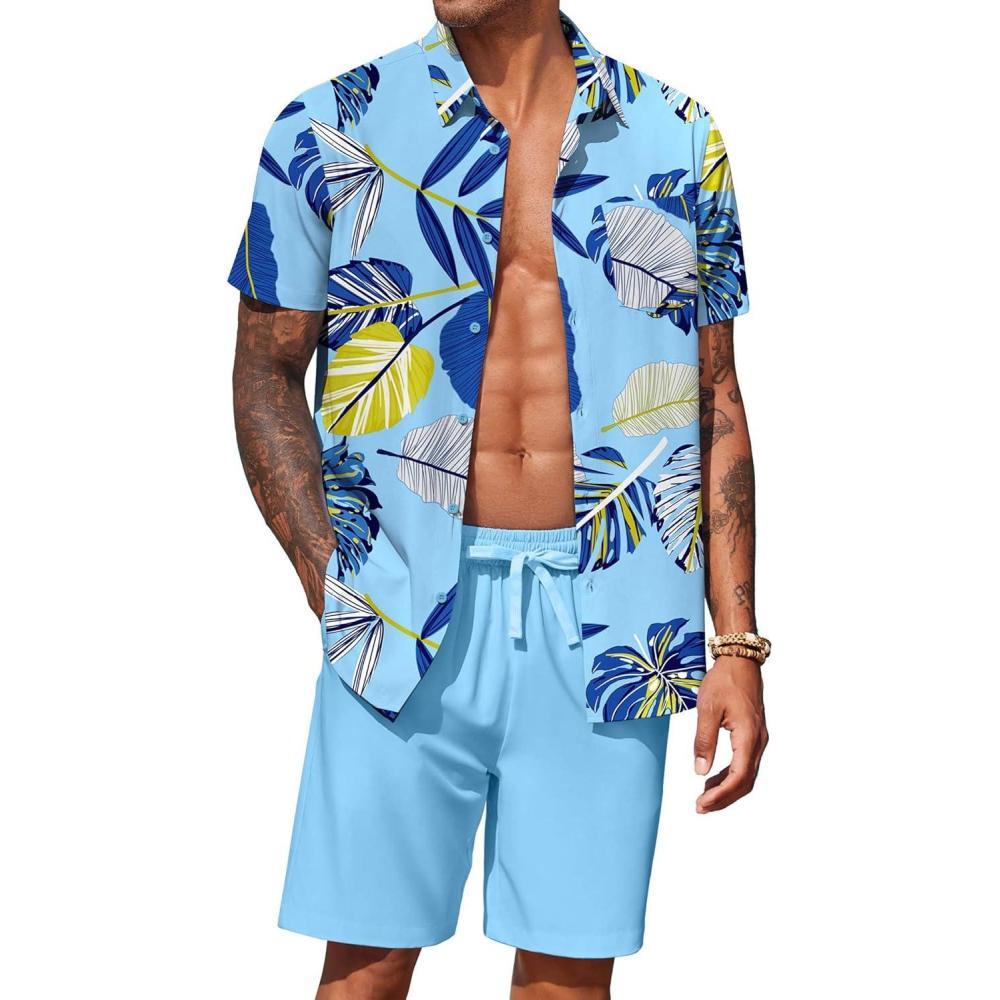 imageCOOFANDY Mens Hawaiian Matching Set Summer Beach 2 Piece Outfits Flower Button Down Shirts and Shorts Vacation OutfitsPalm Leaf Blue