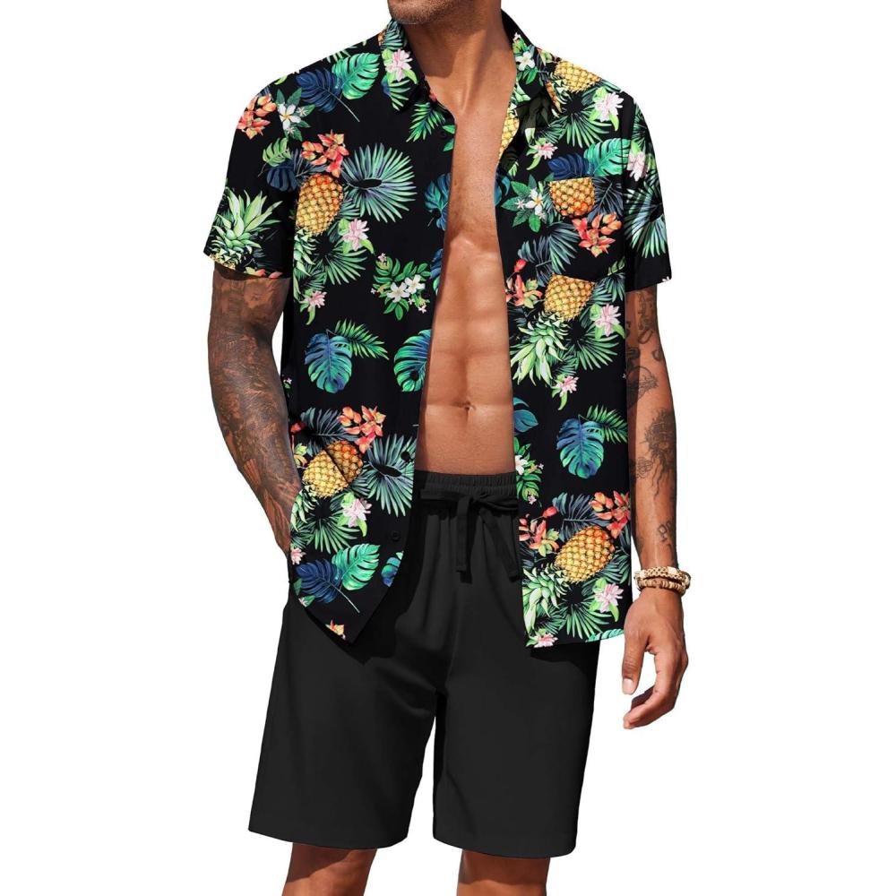 imageCOOFANDY Mens Hawaiian Matching Set Summer Beach 2 Piece Outfits Flower Button Down Shirts and Shorts Vacation OutfitsPineapple Leaf Black