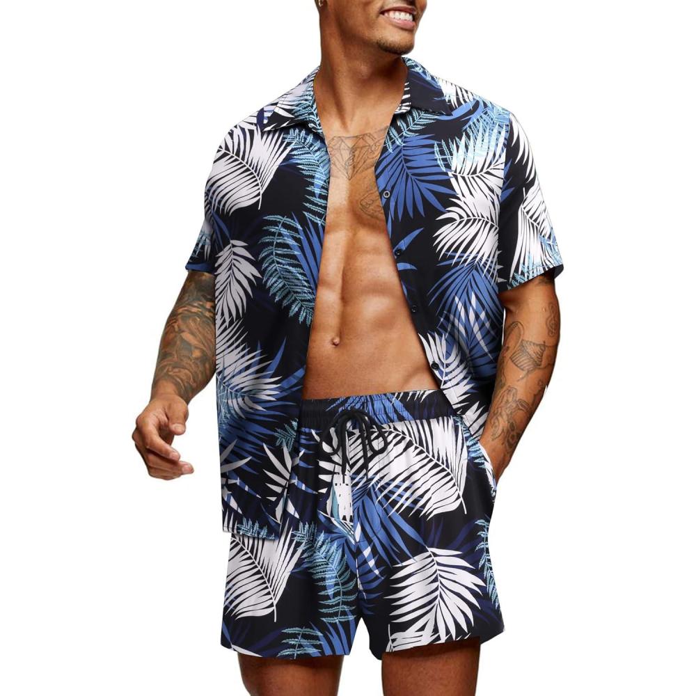 imageCOOFANDY Mens Hawaiian Matching Set Summer Beach 2 Piece Outfits Flower Button Down Shirts and Shorts Vacation OutfitsRainforestblue