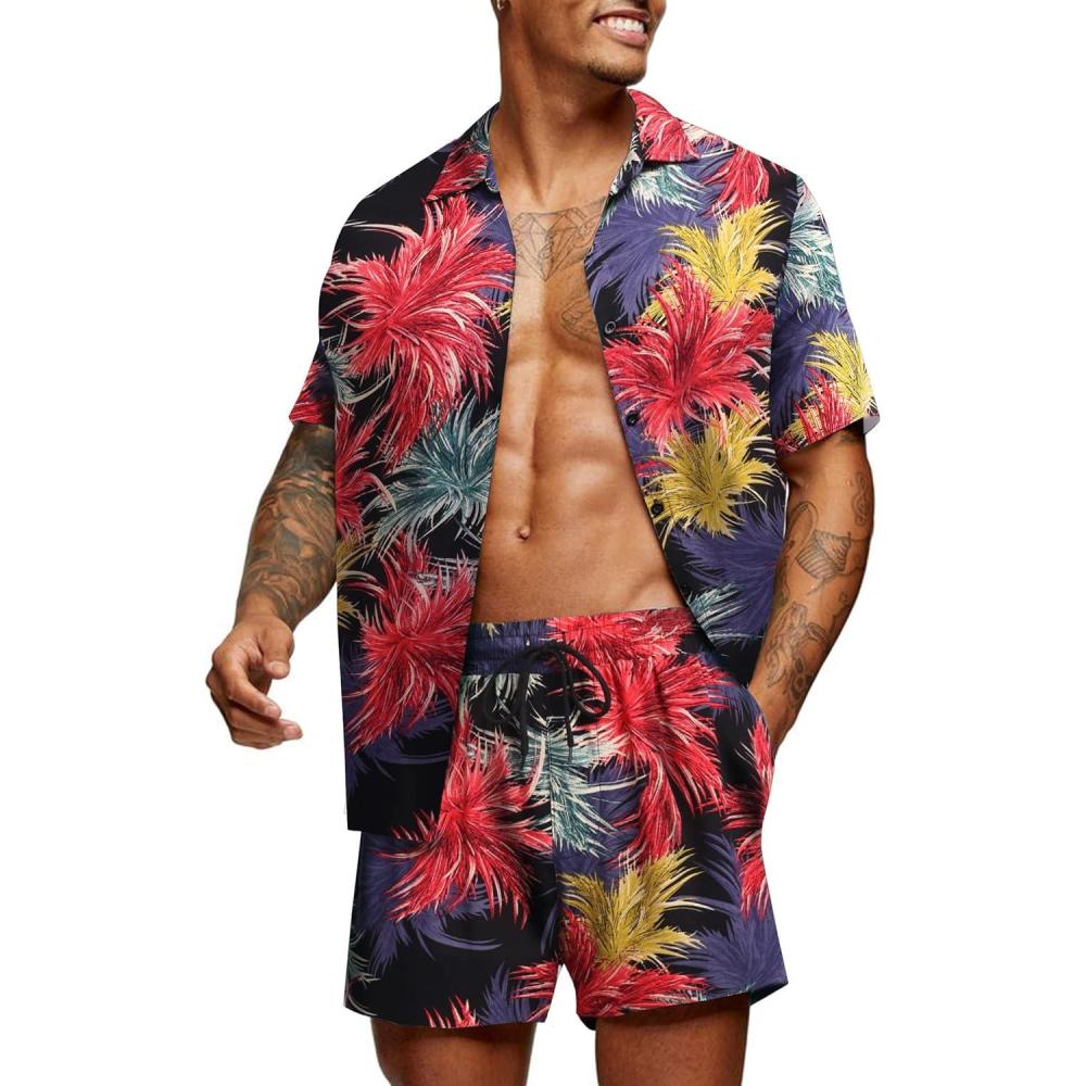 imageCOOFANDY Mens Hawaiian Matching Set Summer Beach 2 Piece Outfits Flower Button Down Shirts and Shorts Vacation OutfitsRainforestcongo