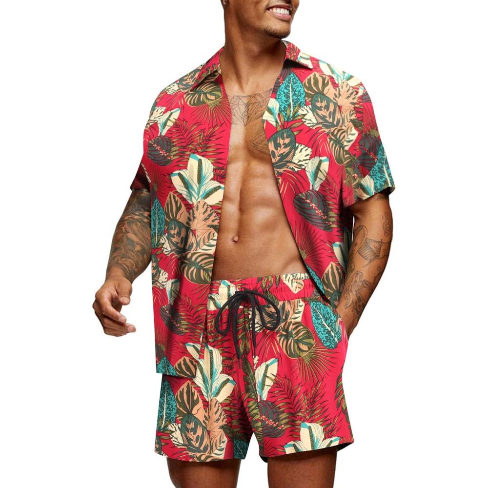 imageCOOFANDY Mens Hawaiian Matching Set Summer Beach 2 Piece Outfits Flower Button Down Shirts and Shorts Vacation OutfitsRed Palm Leaves