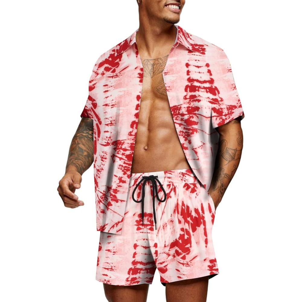 imageCOOFANDY Mens Hawaiian Matching Set Summer Beach 2 Piece Outfits Flower Button Down Shirts and Shorts Vacation OutfitsTie Dye Red