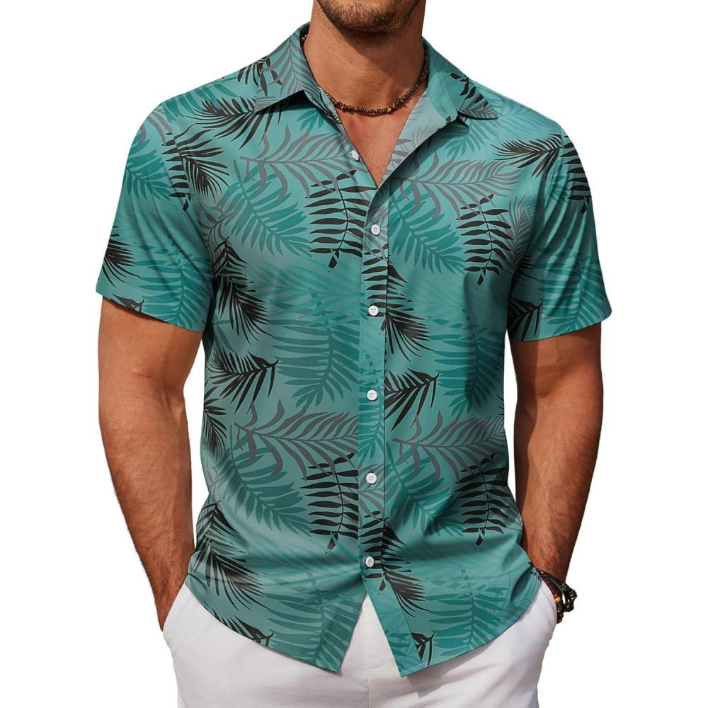 imageCOOFANDY Mens Hawaiian Shirt Short Sleeve Button Down Shirts Tropical Floral Summer Beach ShirtsGreen