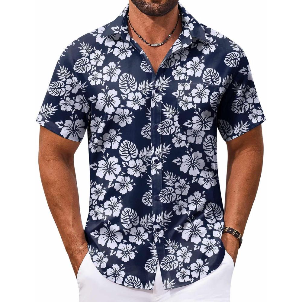 imageCOOFANDY Mens Hawaiian Shirt Short Sleeve Button Down Shirts Tropical Floral Summer Beach ShirtsNavywhite Flowers
