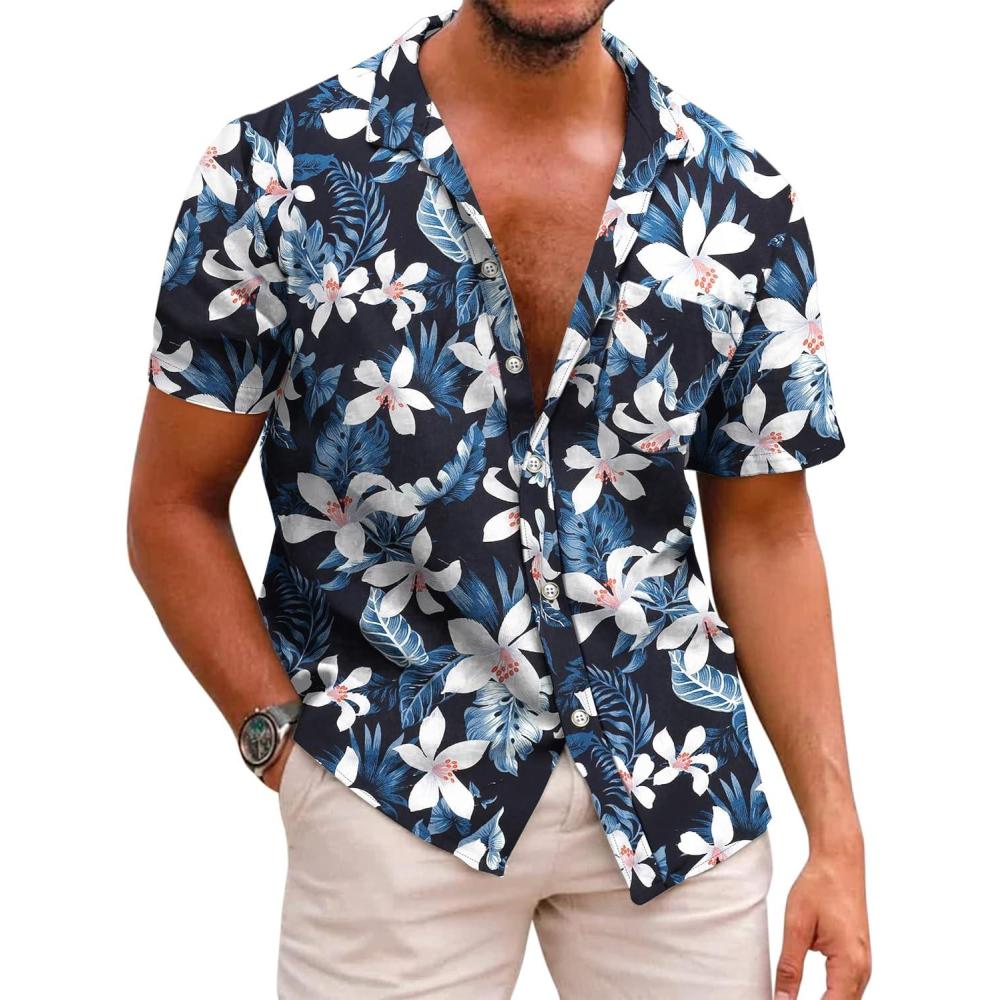 imageCOOFANDY Mens Hawaiian Shirt Short Sleeve Casual Button Down Tropical Summer Beach Aloha ShirtsA  Navy Blue  Lily