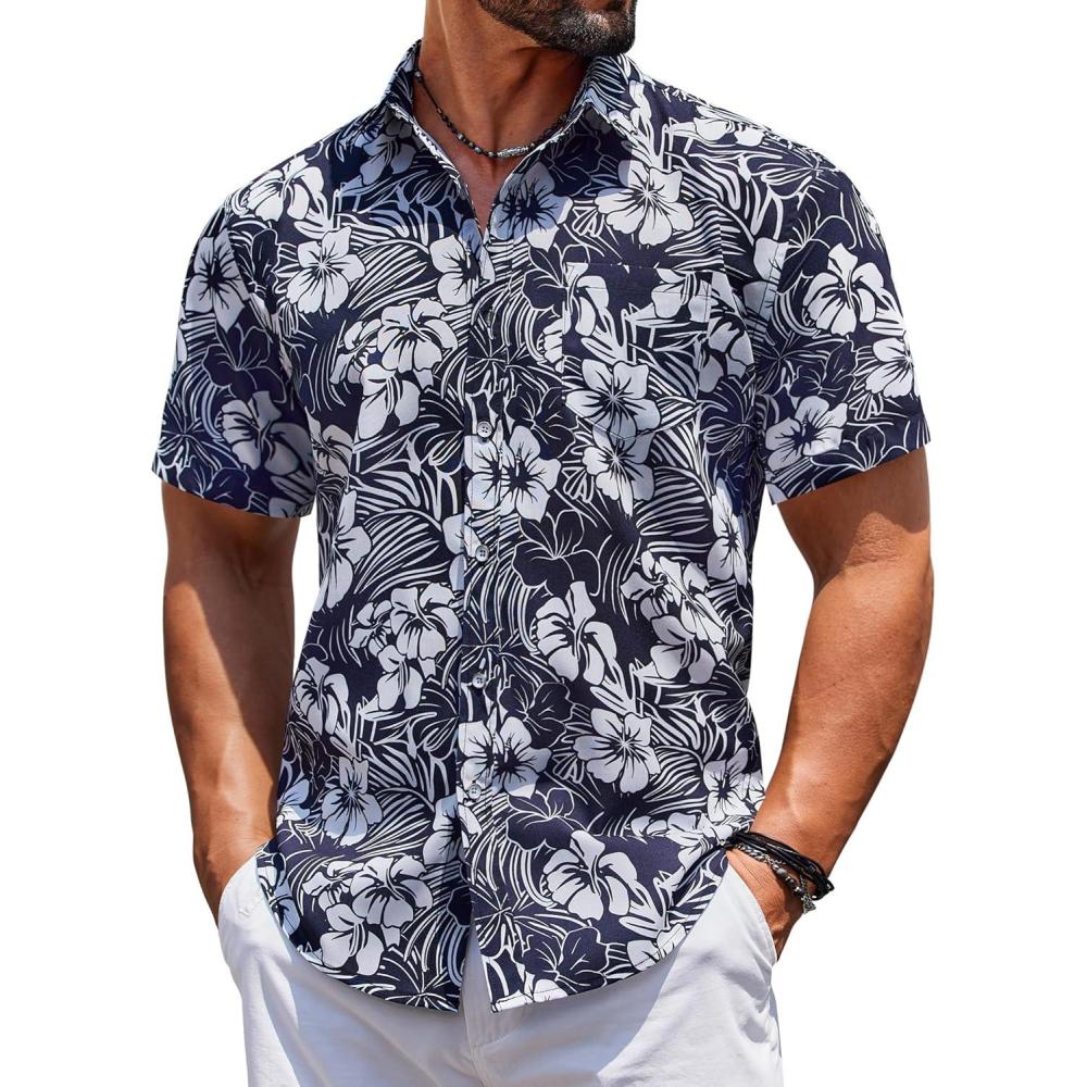 imageCOOFANDY Mens Hawaiian Shirt Short Sleeve Casual Button Down Tropical Summer Beach Aloha ShirtsBlack  White Floral
