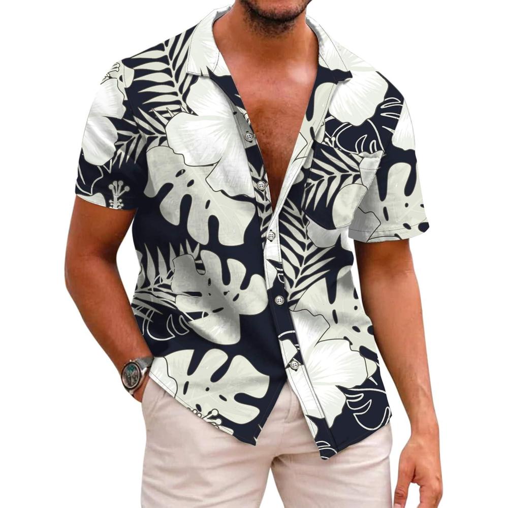 imageCOOFANDY Mens Hawaiian Shirt Short Sleeve Casual Button Down Tropical Summer Beach Aloha ShirtsBlack  White Leaf
