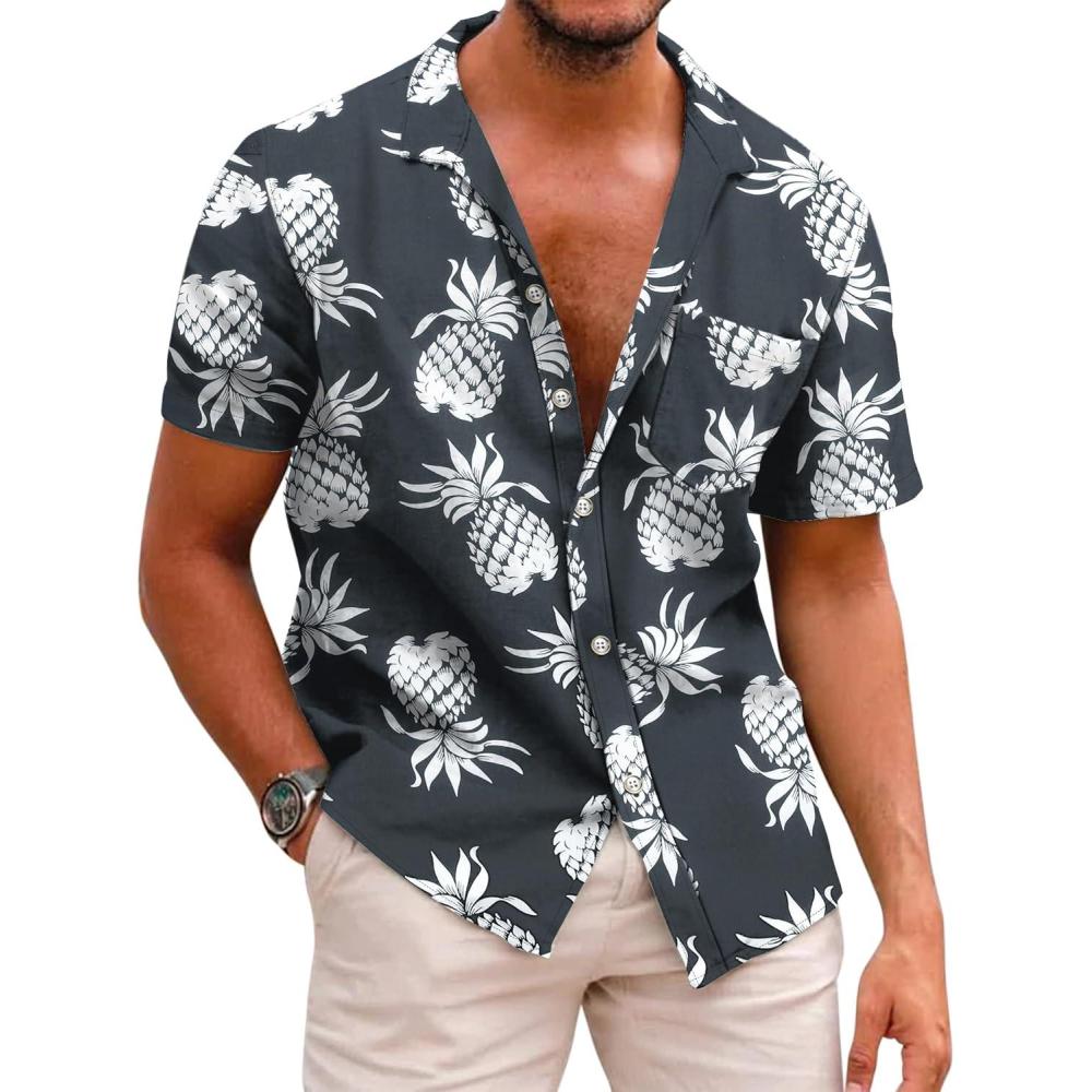imageCOOFANDY Mens Hawaiian Shirt Short Sleeve Casual Button Down Tropical Summer Beach Aloha ShirtsBlack  White Pineapple