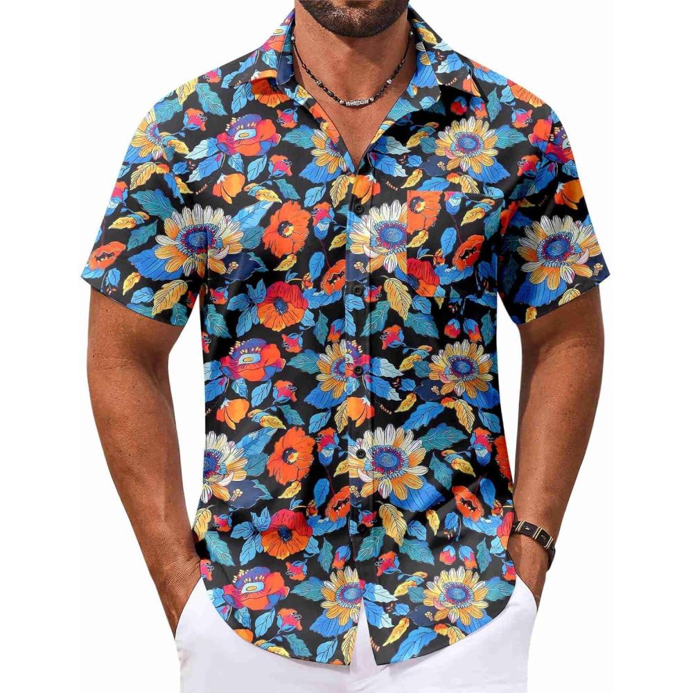 imageCOOFANDY Mens Hawaiian Shirt Short Sleeve Casual Button Down Tropical Summer Beach Aloha ShirtsBlackcolorful Flowers