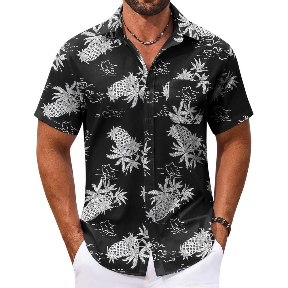 imageCOOFANDY Mens Hawaiian Shirt Short Sleeve Casual Button Down Tropical Summer Beach Aloha ShirtsBlackpineapple