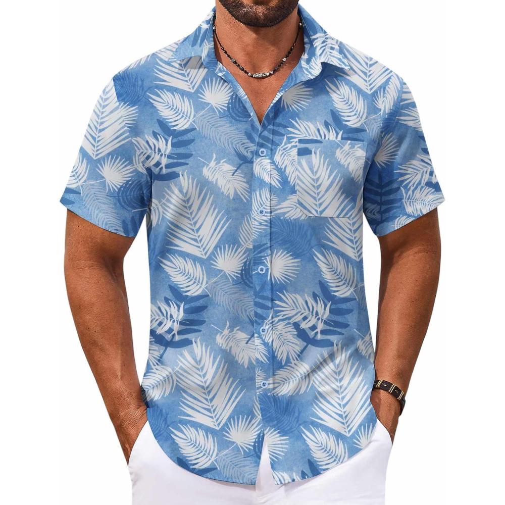 imageCOOFANDY Mens Hawaiian Shirt Short Sleeve Casual Button Down Tropical Summer Beach Aloha ShirtsDark Bluewhite Leaves
