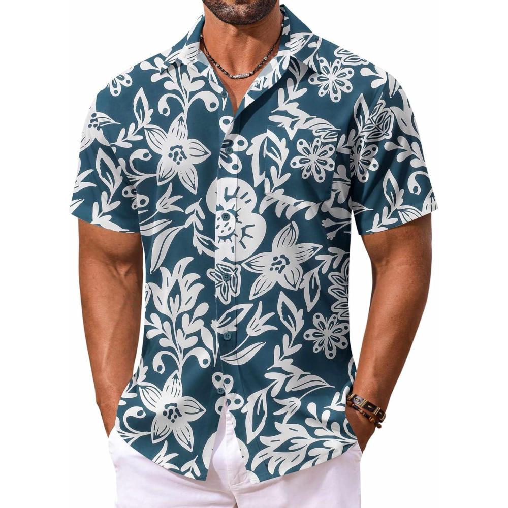 imageCOOFANDY Mens Hawaiian Shirt Short Sleeve Casual Button Down Tropical Summer Beach Aloha ShirtsDark Green  White Flower