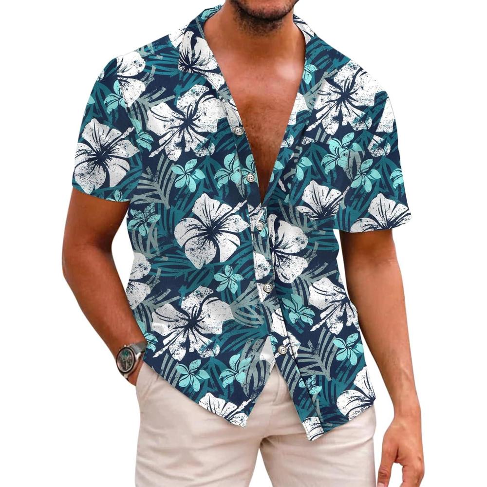imageCOOFANDY Mens Hawaiian Shirt Short Sleeve Casual Button Down Tropical Summer Beach Aloha ShirtsGreen White Floral
