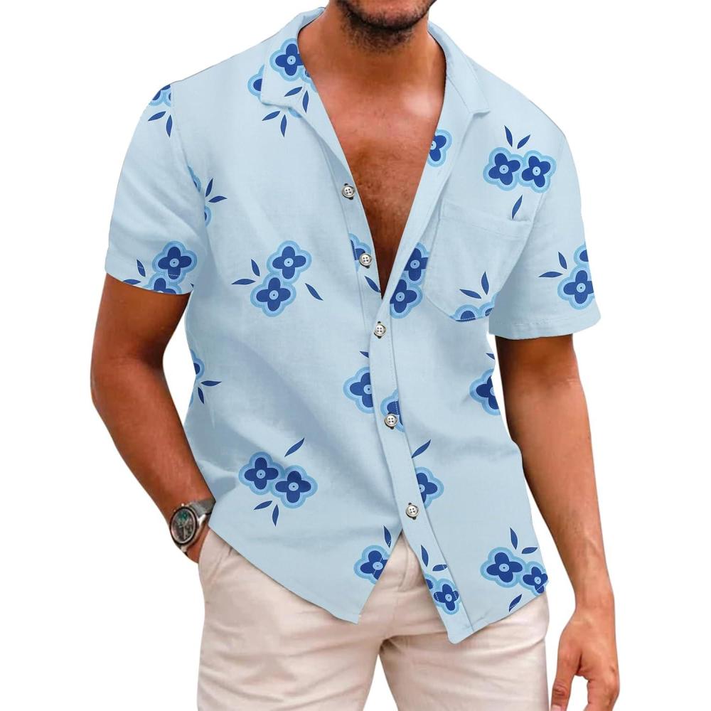 imageCOOFANDY Mens Hawaiian Shirt Short Sleeve Casual Button Down Tropical Summer Beach Aloha ShirtsLight Blue  Blue Floral