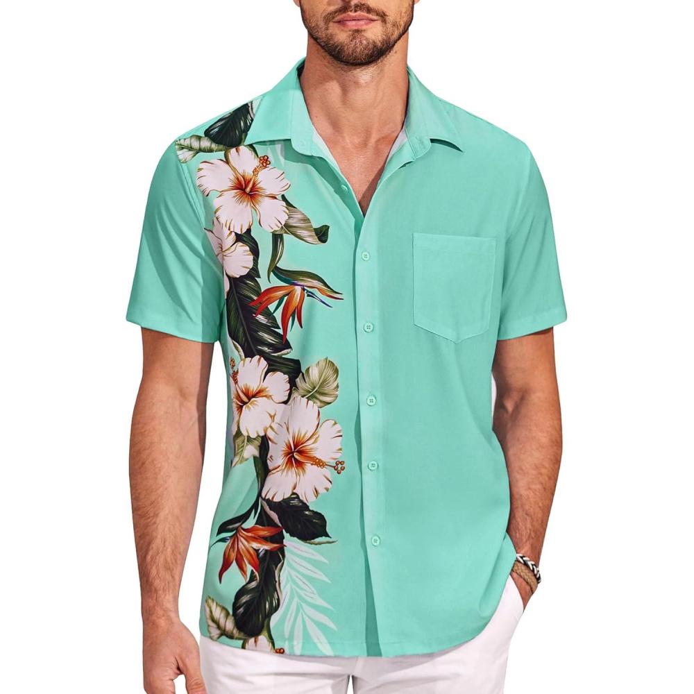 imageCOOFANDY Mens Hawaiian Shirt Short Sleeve Casual Button Down Tropical Summer Beach Aloha ShirtsLight Green  Floral