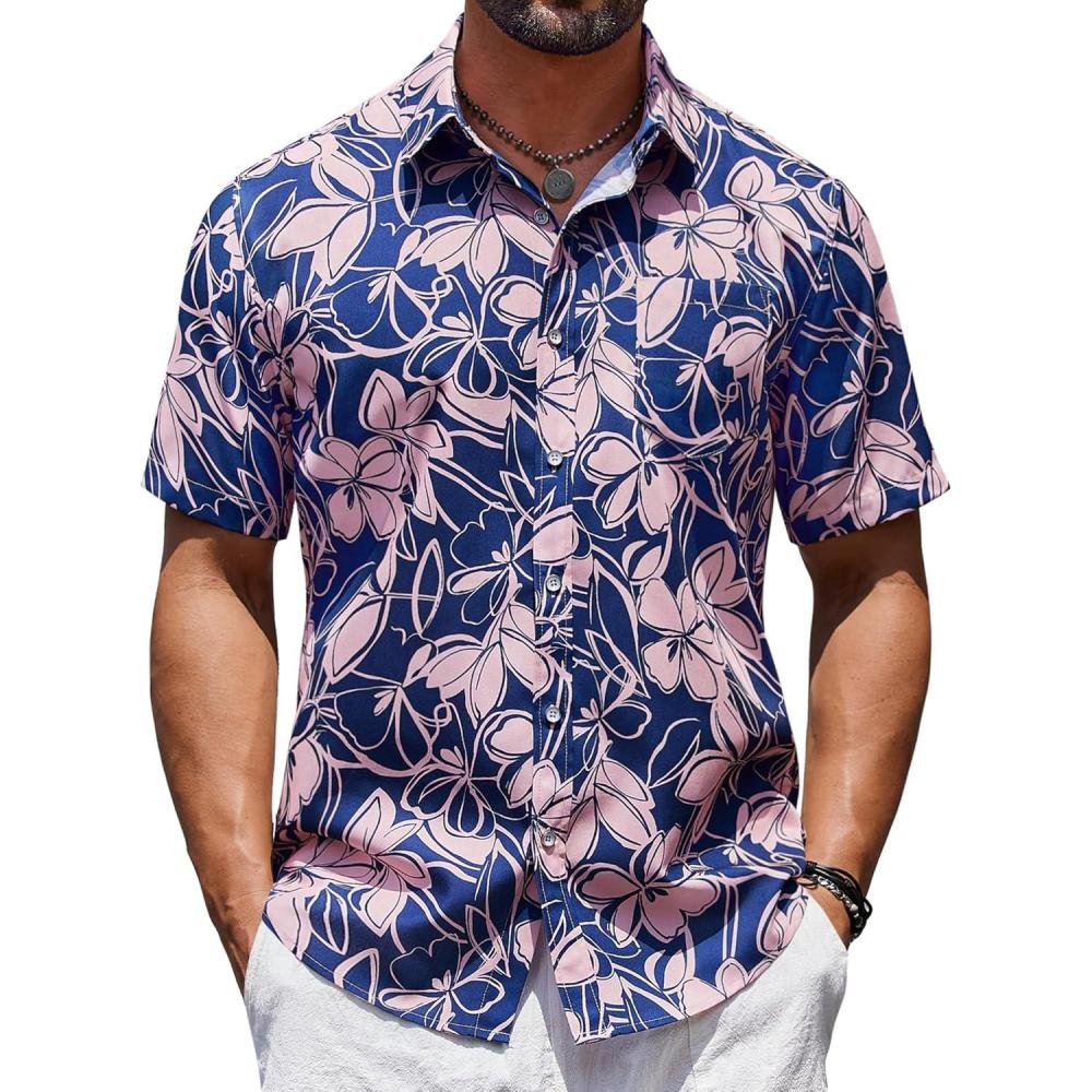 imageCOOFANDY Mens Hawaiian Shirt Short Sleeve Casual Button Down Tropical Summer Beach Aloha ShirtsNavy Blue Pink Floral