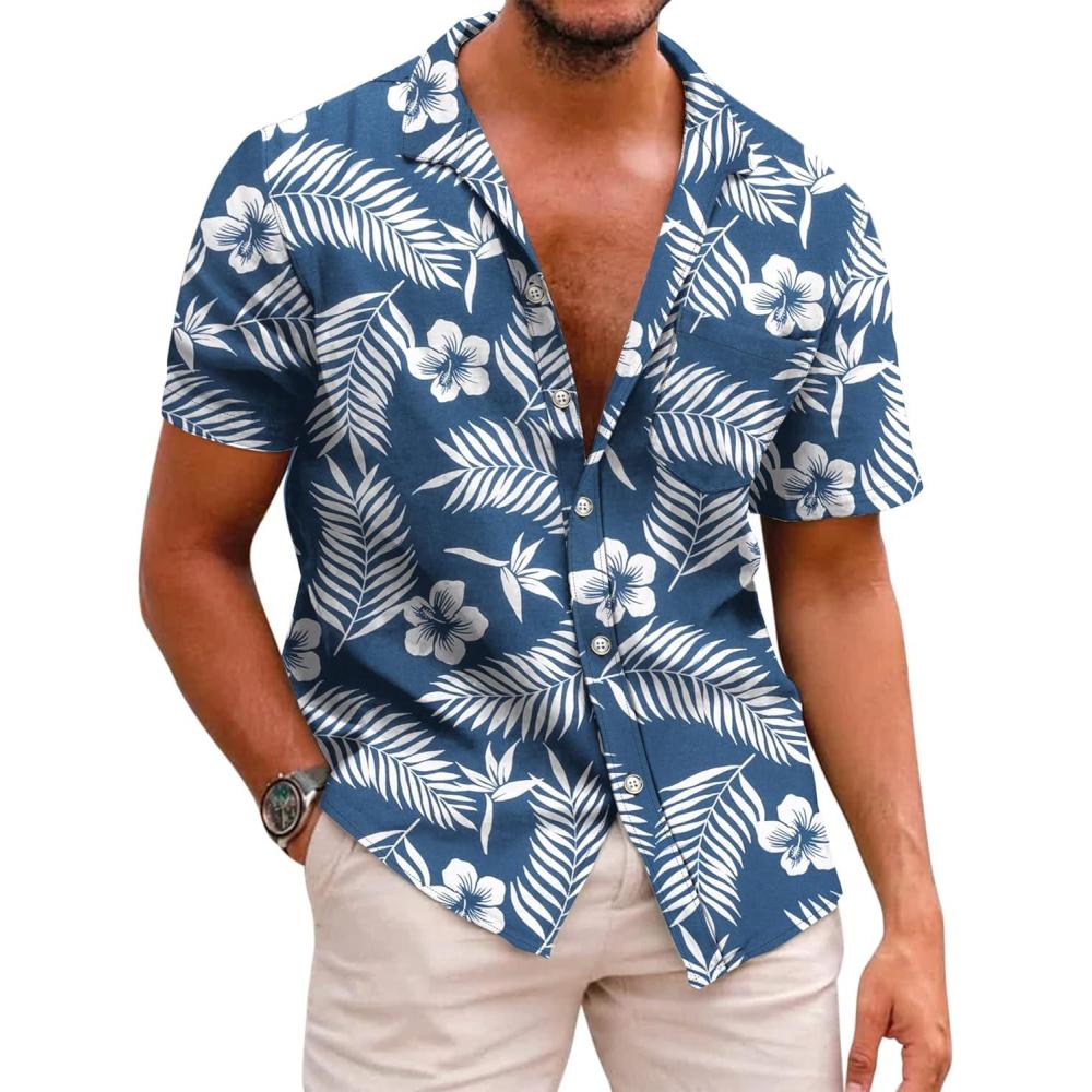 imageCOOFANDY Mens Hawaiian Shirt Short Sleeve Casual Button Down Tropical Summer Beach Aloha ShirtsNavy Blue  White Leaf