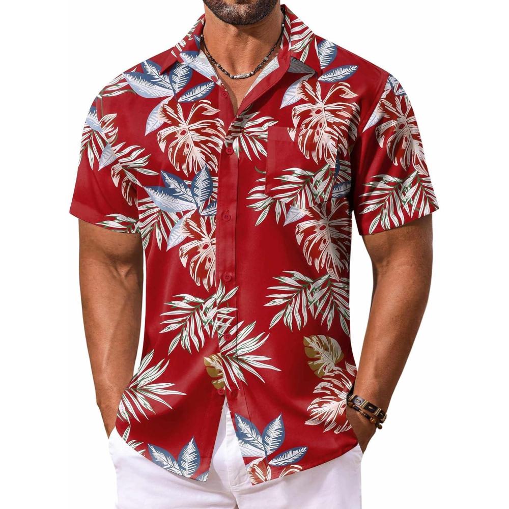 imageCOOFANDY Mens Hawaiian Shirt Short Sleeve Casual Button Down Tropical Summer Beach Aloha ShirtsRed  Tropical Leaf